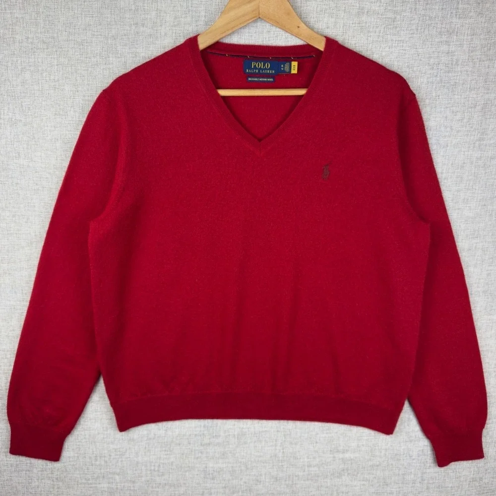 Polo Ralph Lauren V-Neck Sweater Men's XL‎ Washable Merino Wool Red Pony